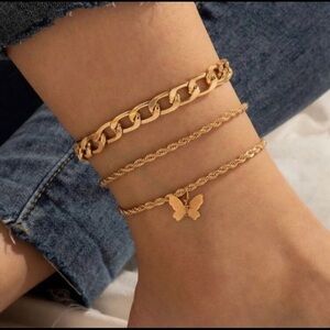 Gold 3/$30 3pc Chain Butterfly Anklets